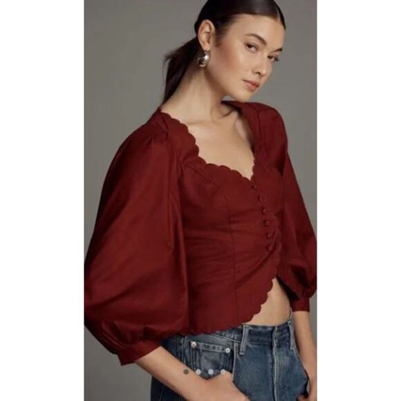 NEW Reformation Elianna Button-Up Blouse Top Cotton Burgundy Red Size 10 - Picture 2 of 14